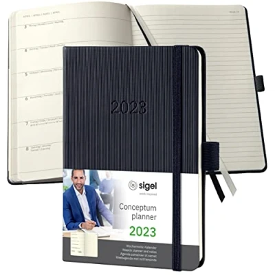 Abbildung von SIGEL C2315 Terminplaner Wochennotiz Kalender 2023 ca. A6 schwarz Hardcover 176 Seiten Gummiband, Stiftschlaufe, Archivtasche PEFC zertifiziert Conceptum