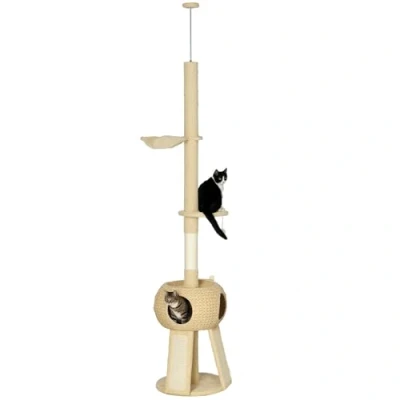 Abbildung von PawHut Kratzbaum Katzenkratzbaum Deckenhoch, Katzenbaum mit Spielball, Plüsch, Beige, Ø48 x 225 255H cm