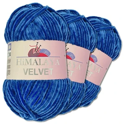 Abbildung von Wohnkult Himalaya 3 x 100 g Velvet Dolphin Wolle 40 Farben zur Auswahl Chenille Strickgarn Flauschwolle Glanz Accessoire Kleidung Decken (90029 Blau)