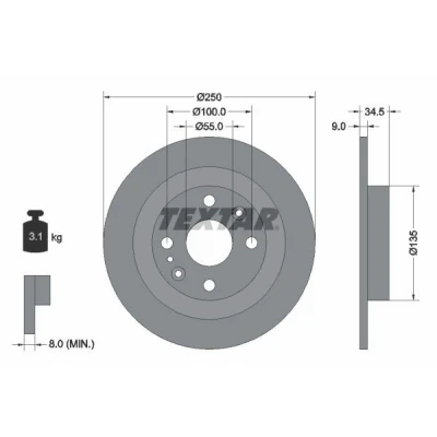 Abbildung von TEXTAR 92061700 Bremsscheibe 250 9 04/07 100 voll ohne Radbefestigungsbolzen, Radnabe MAZDA: MX 5 2, I, FAMILIA 4