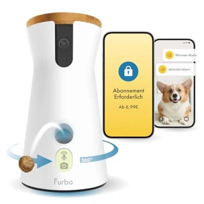 Abbildung von Furbo 360 Hundekamera mit Heimsicherheits Paket [Premium ABO] Intelligente Kamera App für Hund &amp; Heim, Rotierende Sicht, Farbnachtsicht, Tracking, Leckerliwurf, Bell Alarm, Smart Alerts