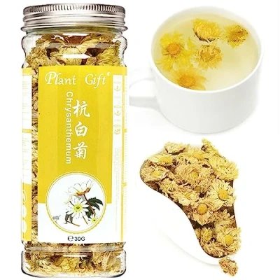Abbildung von Plant Gift White Juhua Tea 杭白菊 100% chinesischer Hangzhou weiß Tee, organische essbare Blumen lose Blume duftende Tee Augenschutz 30g / 1oz