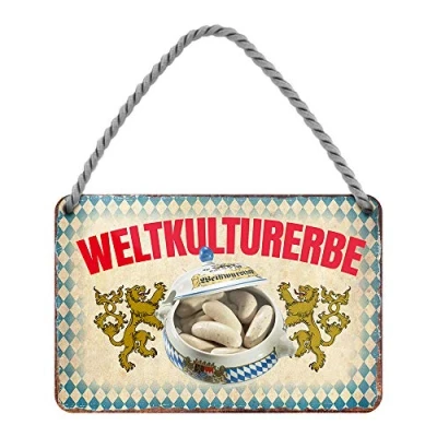 Abbildung von Weltkulturerbe Weißwürste Metallschild mit Kordel und Saugnapf Schild für Feinschmecker Genießer Gourmets Deko Küche Lokal Restaurant Wirtshaus Metzgerei Biergarten 18x12cm