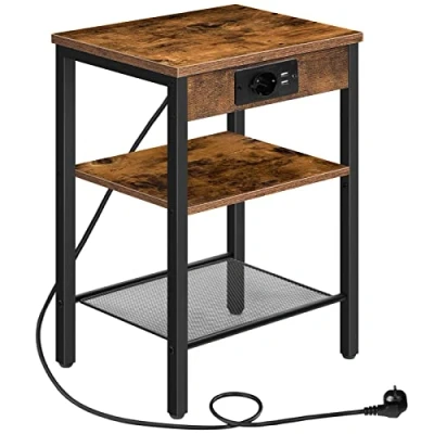 Abbildung von HOOBRO beistelltisch mit Ladestationen und USB Anschlüssen, 3 stöckiger Nachttisch Steckdose, schmal für Wohnzimmer, Vintagebraun EBF112CBZ01