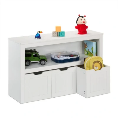 Abbildung von Relaxdays Kinderregal, 3 Boxen mit Rollen, HxBxT: 60 x 102 30 cm, Spielzeugschrank Kinderzimmer, Kinderkommode, weiß