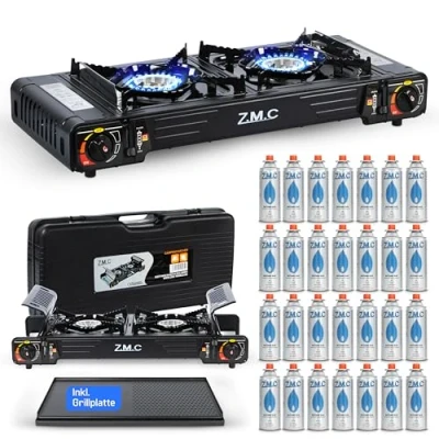 Abbildung von Z.M.C Premium Camping Gaskocher 2 flammig + Grillplatte 28 Gaskartuschen 227g, Campingkocher mit Transportkoffer für Outdoor und Innenraum, Balkon Tisch Doppelgaskocher Piezozündung