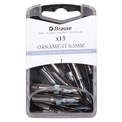 Abbildung von Brause 152005B Packung mit 15 Ornamentfedern 0,5mm, Reservoir, für Überschriften und Ornament, ideal Kalligraphie, 1 Box