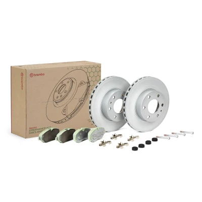 Abbildung von BREMBO KT 10 021 Bremsscheiben und beläge innenbelüftet mit Zubehör Bremssattelschrauben für Verschleißwarnanzeiger vorbereitet