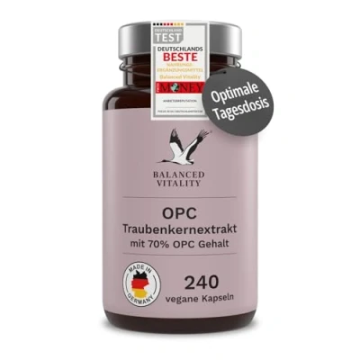 Abbildung von OPC Traubenkernextrakt 240 vegane Kapseln Optimale Tagesdosis: 500 mg Extrakt je Kapsel Laborgeprüft 8 Monate Vorrat Ohne Zusatzstoffe Balanced Vitality
