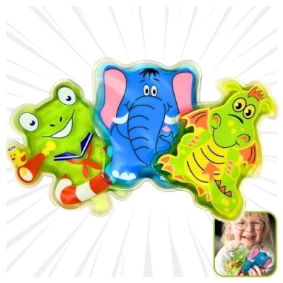 Abbildung von LisaCare Kalt Warm Kompresse Kühlpads Kinder Kompressen Warmkompresse/Kaltkompresse, Set 3 tlg., Frosch, Drache &amp; Elefant, Sofortige Wirkung!