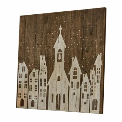 Abbildung von Loberon Dekoboard Luce, Stimmungsvolles Häuser Motiv, Landhaus Stil, Rustikales Finish, Handgefertigt, Winterliches Flair, Wanddekoration, Tannenholz, Eisen, antikbraun