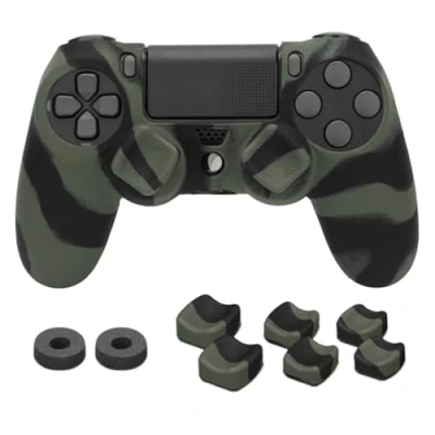 Abbildung von NiTHO Gaming Kit für PS4 Controller, Anti Schwitz Silikonhülle, 2 Präzisionsringe, 3 Größen von Konkaven Daumengriffen, Zubehör die Controller Playstation 4 Camo