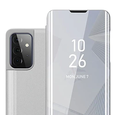 Abbildung von Cadorabo Hülle kompatibel mit Samsung Galaxy A72 4G / 5G Schutzhülle TPU Silikon Case 360 View Spiegel, Slim Kratzfest Weiche Gummi Rundumschutz Cover für in Silber