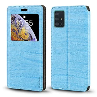 Abbildung von Schutzhülle für Samsung Galaxy A51, Holzmaserung, Leder, mit Kartenhalter und Fenster, Magnetverschluss, A51 (Himmelblau)