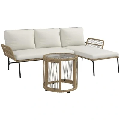 Abbildung von Outsunny 3 TLG. Rattan Gartenmöbel Set, Gartengarnitur mit Liegestuhl, Couchtisch, Zweisitzer, Gartenset Sitzkissen, Balkonmöbel Set für Garten, Terrasse, Creme