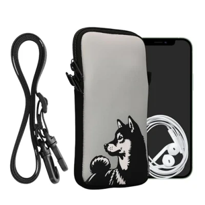 Abbildung von kwmobile Handytasche für Smartphones XL 6,7/6,8&quot; Neopren Handy Hülle Schwarz Weiß Grau Tasche mit Kette 17,2 x 8,4 cm Innenmaße Shiba Hund