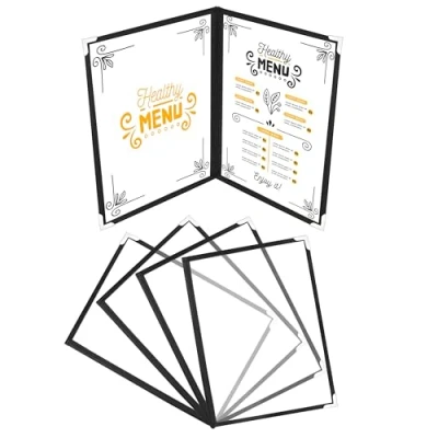 Abbildung von BELLE VOUS 5er Pack A4 Menükarten Halter 5 Mappen für Speisekarte Set Speisekartenhalter transparente Speisekarten Hüllen Klarsichthülle Schwarz mit Eckenschutz