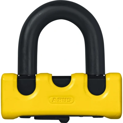 Abbildung von ABUS Motorrad Bremsscheibenschloss GRANIT™ Power XS 67 mit XPlus™ Zylinder Motorradschloss doppelter Bügelverriegelung und Erinnerungskabel Motorradzubehör Gelb