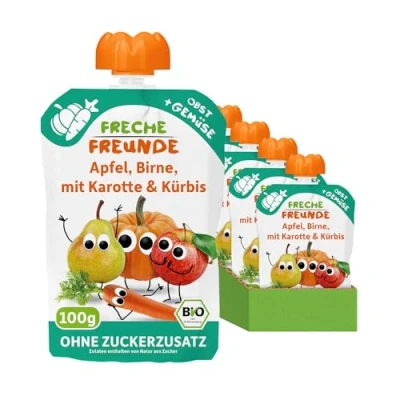 Abbildung von FRECHE FREUNDE Bio Quetschie Apfel, Birne, Karotte &amp; Kürbis, Fruchtmus mit Gemüse im Quetschbeutel für Babys ab dem 6. Monat, vegan, 6er Pack (6 x 100g)