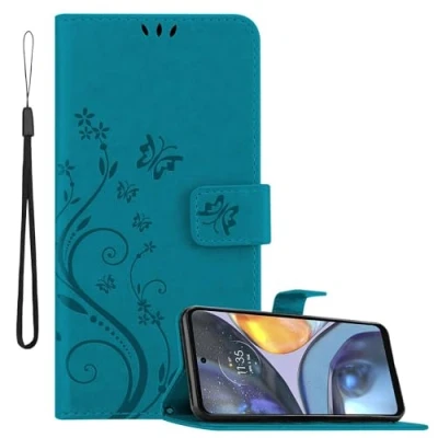 Abbildung von Cadorabo Hülle kompatibel mit Motorola Moto G22 Blumen Design aus Premium Kunst Leder Flip Klappbare Stoßfeste Magnetische [Standfunktion] [Kartenfächern] Cover Case Tasche in Blau