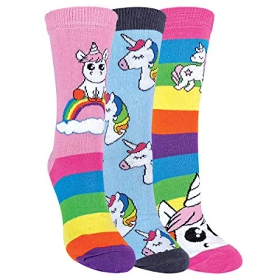 Abbildung von 3er Pack Damen Einhorn Socken mit Bunt Regenbogen Streifen Baumwolle Reich Witzig SOCK SNOB (Einhorn, 37 40)