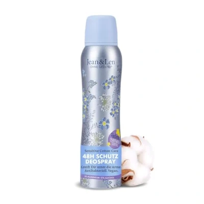 Abbildung von Jean &amp; Len Deospray Sensitiv Cotton Care, schenkt bis zu 48h zuverlässigen Deo Schutz, sensitive Pflege, wirkt antibakteriell, ohne Aluminium (ACH) Alkohol, vegan, 150 ml