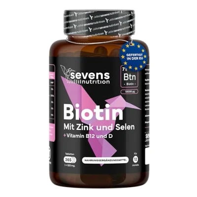 Abbildung von Biotin hochdosiert 10.000 mcg Zink Selen B12 Tabletten für Haarwuchs, Haut &amp; Nägel, 365 1 Jahr, Nahrungsergänzung ohne Zusatzstoffe Sevens