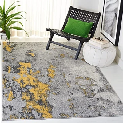 Abbildung von SAFAVIEH Abstrakt Teppich für Wohnzimmer, Esszimmer, Schlafzimmer Adirondack Collection, Kurzer Flor, Grau und Gelb, 122 X 183 cm