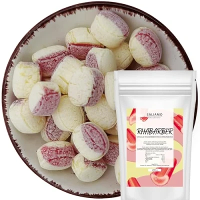 Abbildung von Saliamo 200g Frucht Bonbons Vanille Rhabarber Geschmack Retro Fruchtbonbons wie früher Jahrmarkt Deutsche Manufaktur