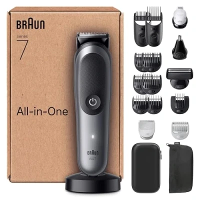 Abbildung von Braun All in One Series 7 Groomingset 18 1, ProBlade Klinge, Nasenhaartrimmer, AutoSense Technologie, Rasierer Herren Elektrisch, Body Rasierer, Barttrimmer, 120 Min Akku, AIO7585, Grau
