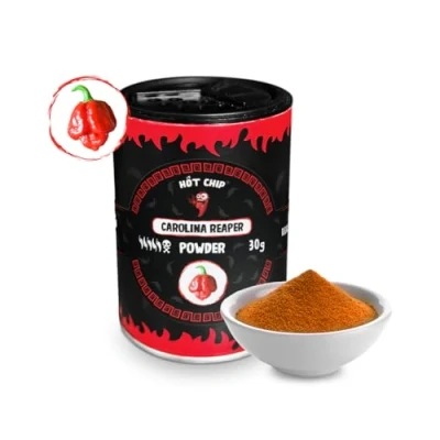 Abbildung von HOT CHIP Carolina Reaper Chilipulver EXTREM scharfes Chili pulver mit 2 200 000 SHU, fruchtig süßes Aroma Schoko‑ und Kirschnoten, Chilischoten in Flocken 1.5 Mio Achtung SCHARF, 30 g