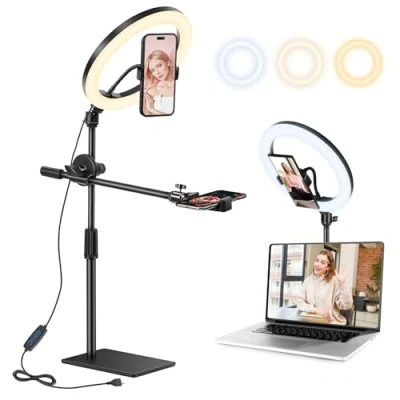 Abbildung von 10 Zoll LED Ringlicht mit Stativ Handy, Overhead Handy Ringlicht, Dimmbare Tischringlicht für YouTube Videoaufnahmen, Selfie, Makeup, Tik Tok, Fotografie Kompatibel Smartphone