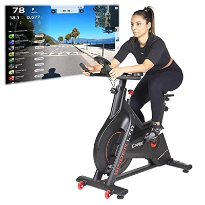 Abbildung von Care Fitness Spider LTD Heimtrainer Indoor Bike mit Bluetooth Verbindung Magnetbremse Riemenantrieb 15 kg Schwungmasse Programme über Kinomap App