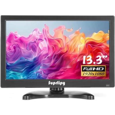 Abbildung von Suprlipy 13,3 Zoll FHD Kleiner IPS Monitor LCD Bildschirm 1920x1080 60Hz 16:9 mit BNC VGA AV Eingang Eingebaute Lautsprecher für CCTV Überwachungskamera DVR PC RasPi