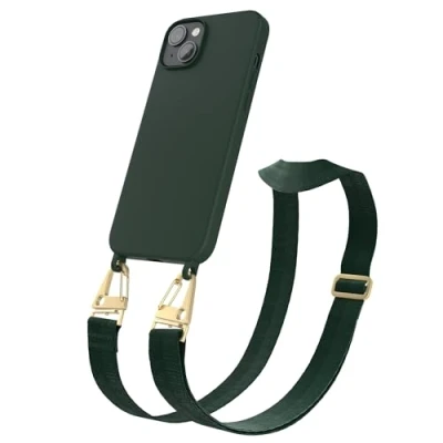 Abbildung von EAZY CASE Handykette Silikon mit Karabiner kompatibel iPhone 14 Plus Handyhülle breitem Umhängeband, Handykordel Silikon, Hülle, Kette für Smartphone, Pinien Grün Glänzend Gold