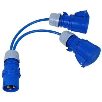 Abbildung von SPARES2GO Splitterkabel, 16 A, 240 V, für Wohnwagen, Wohnmobil, 2 Wege Anschluss, Y Stück, x Ampere Steckdosen (blau)