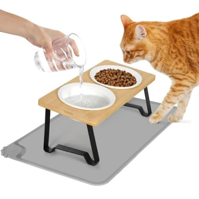 Abbildung von Lannvan Katzennapf Erhöht, 2er Set Futternapf Katze aus Keramik mit Napfunterlage Silikon, Ergonomischer Futterstation 15gekippte Katzen Hundenapf,Fressnapf und Wassernapf für kleine Hunde