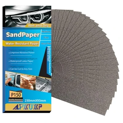 Abbildung von ALPXUXP Schleifpapier P150 Körnung 30 Stück Nass und Trocken Profi Wasser Schmirgelpapier,für AutoMetallHolzmöbelSteinLackGlas，23 x 9cm