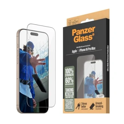 Abbildung von PanzerGlass® Hartglas Schutzfolie für Apple iPhone 16 Pro Max Ultra Wide Fit, Hüllenfreundlich, Kratzfest, Stoßfest mit Montagehilfe einfache Installation