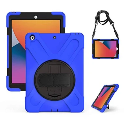 Abbildung von Gerutek Hülle für iPad 9./8./7. Generation (iPad 10.2 Zoll), Stoßfeste Robust Panzerhülle mit Pencil Halter, Drehbar Stände, Handschlaufe Schultergurt Schutzhülle 10.2&quot; 2021/2020/2019, Blau