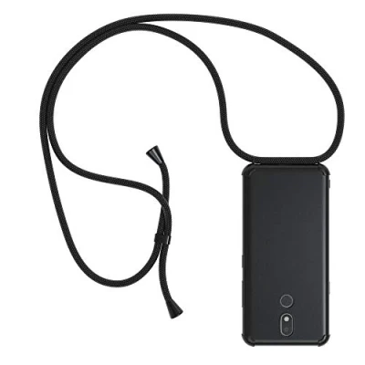 Abbildung von EAZY CASE Handykette kompatibel mit LG K40 Handyhülle Umhängeband, Handykordel Schutzhülle, Silikonhülle schwarz, Hülle Band, Stylische Kette für Smartphone, All Black