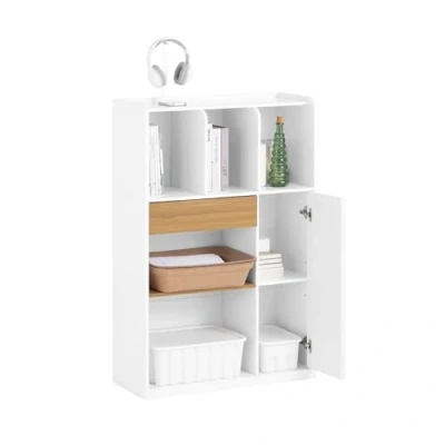 Abbildung von SoBuy Bücherregal mit Schubladen Bücherschrank Standregal Aufbewahrungsregal Büroregal Aktenschrank Hochschrank Weiß BHT ca. 72x110x30cm STR11 WN