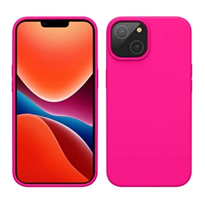 Abbildung von kwmobile Hülle für das iPhone 14 dünnes Silikon Handy Case stoßfeste Handyhülle mit weicher Oberfläche unterstützt kabelloses Laden Neon Pink