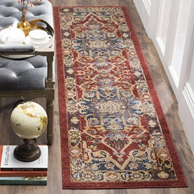Abbildung von SAFAVIEH Traditionell Distressed Teppich für Wohnzimmer, Esszimmer, Schlafzimmer Bijar Collection, Kurzer Flor, Rot und Königsblau, 69 X 244 cm
