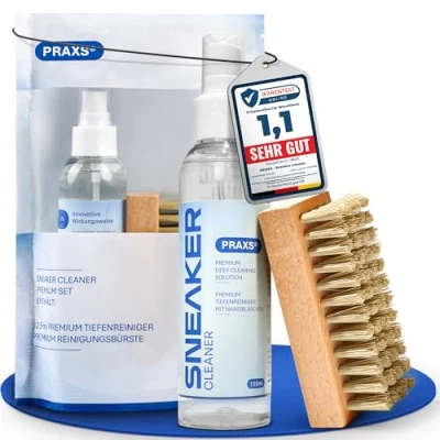 Abbildung von PRAXS® Sneaker Reiniger Set Schuhreiniger &amp; Cleaner für Wildleder, Nubuk, Suede Stoff Schuhputzmittel inkl. Bürste