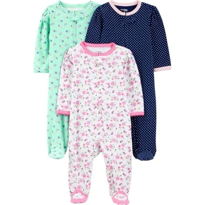 Abbildung von Simple Joys by Carter&#039;s Baby Mädchen 3 Pack Sleep and Play Sleepers, Marineblau Punkte/Minzgrün Floral/Weiß Blumen, 0 Monate (3er Pack)