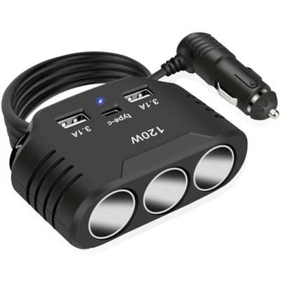Abbildung von 12V USB Verteiler 120W Kfz Zigarettenanzünder Adapter Auto Ladegerät 3 Mehrfach Steckdose Splitter DC 24V Stecker Ladekabel mit Anschlüsse für Handy Sitzheizung GPS DashCam Navi