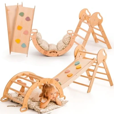 Abbildung von 5 in 1 Montessori Klettergerüst Set: Indoor Kletterdreieck, Kletterbogen mit Kissen, und Rutsche für Kinder, Spielplatz 3 Jahre