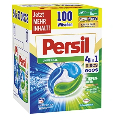 Abbildung von Persil Universal 4in1 DISCS (100 Waschladungen), Vollwaschmittel mit Tiefenrein Plus Technologie bekämpft hartnäckige Flecken, 92% biologisch abbaubare Inhaltsstoffe*