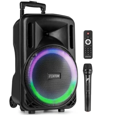 Abbildung von Fenton FT12LED MK2, Party Box Bluetooth 700W, Musikbox Groß mit 12&quot; Subwoofer, inkl. Mikrofon, LED Licht, Akku &amp; Netzbetrieb, AUX/Gitarren Eingang, USB Media Player, Stereo Pairing, Partybox